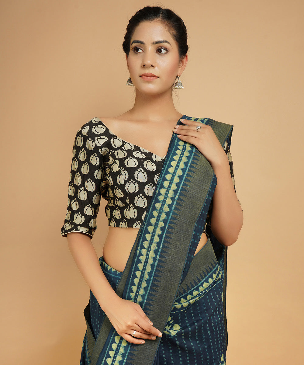 Indigo ghiccha border cotton silk hand block dabu print sari