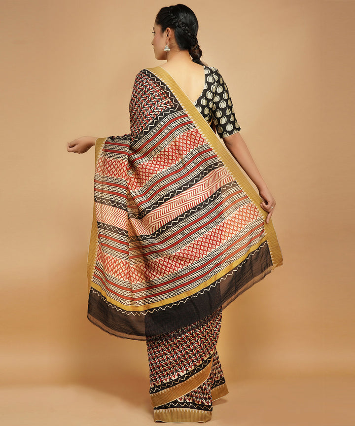 Multicolor gheecha border cotton silk handblock dabu print sari