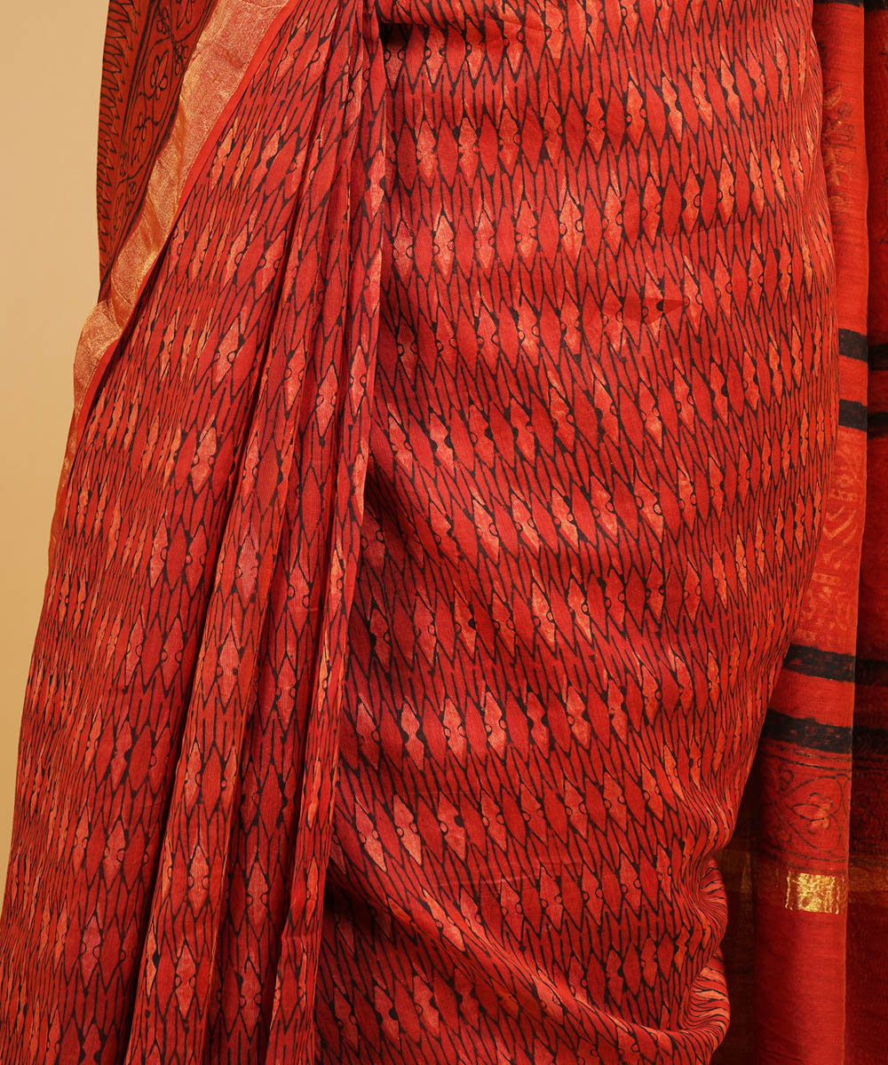 Red cotton silk handblock dabu print sari