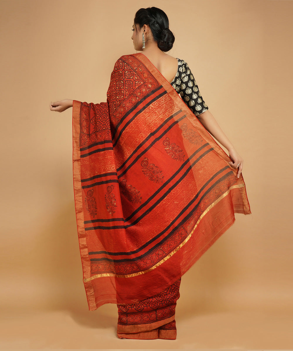 Red cotton silk hand block dabu print sari