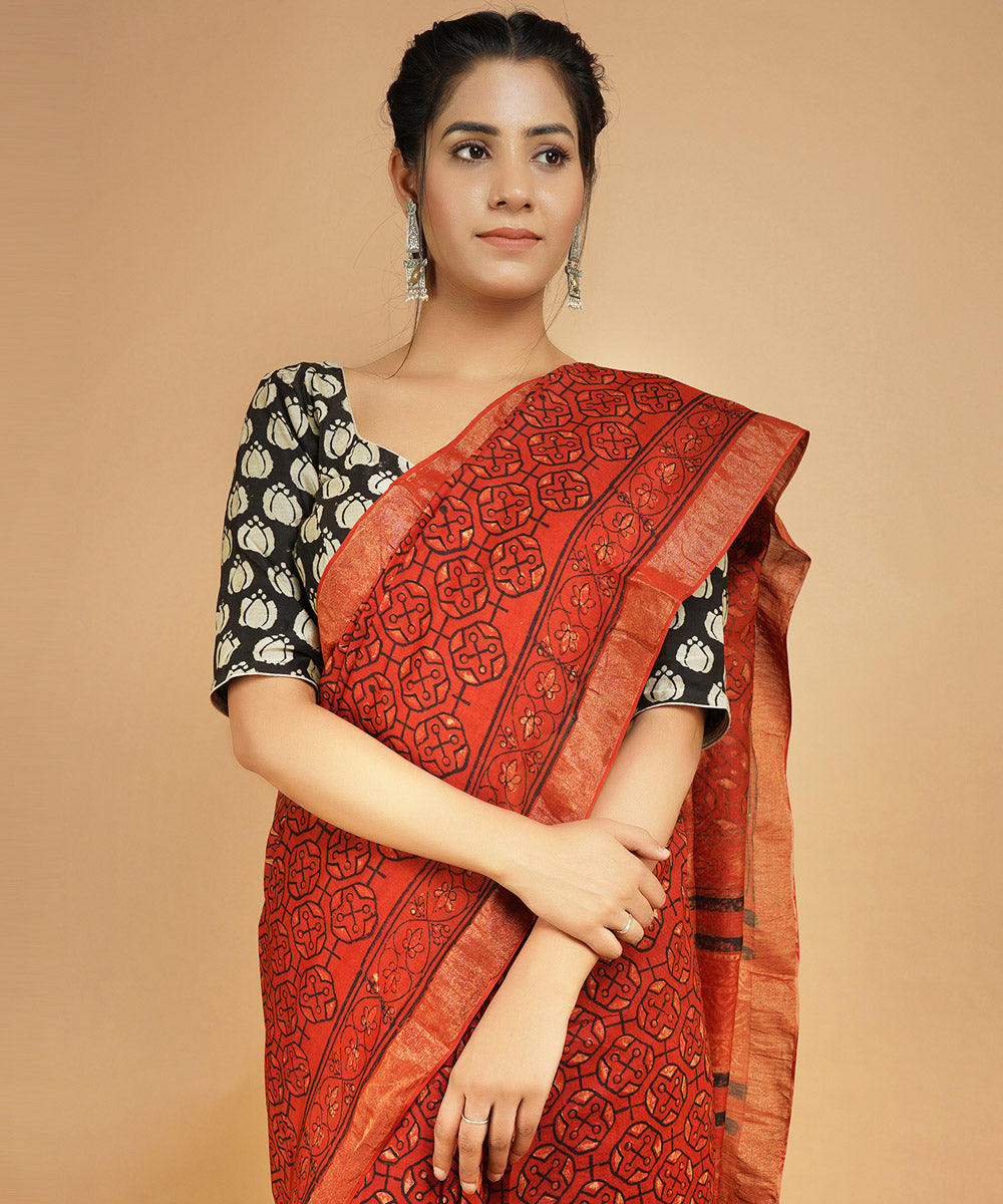 Red cotton silk hand block dabu print sari