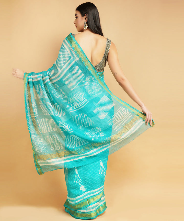 Turquoise silk handblock dabu print sari