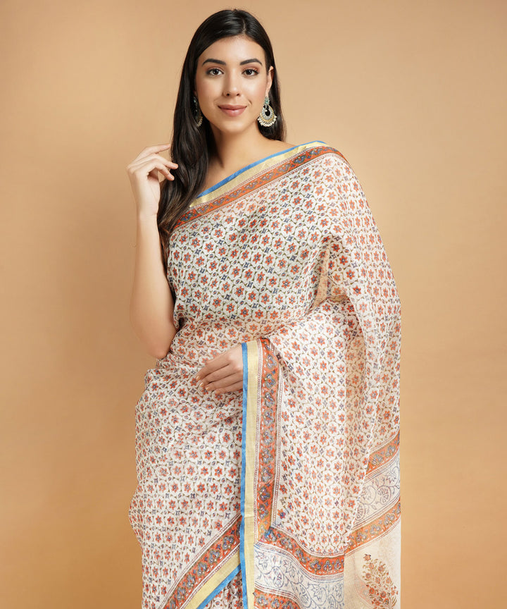 Cream silk handblock dabu print sari
