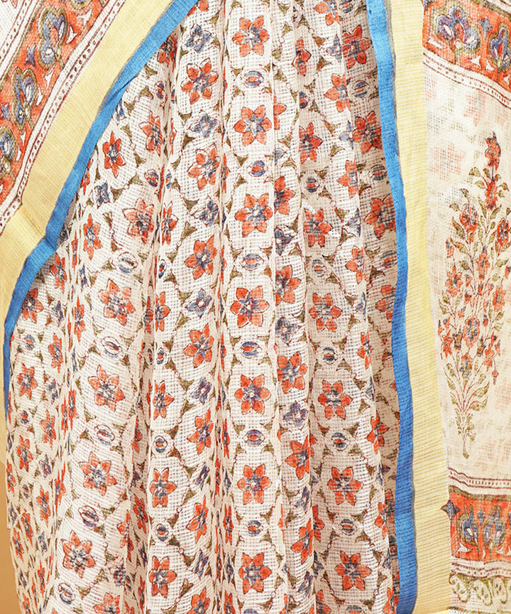 Cream silk handblock dabu print sari