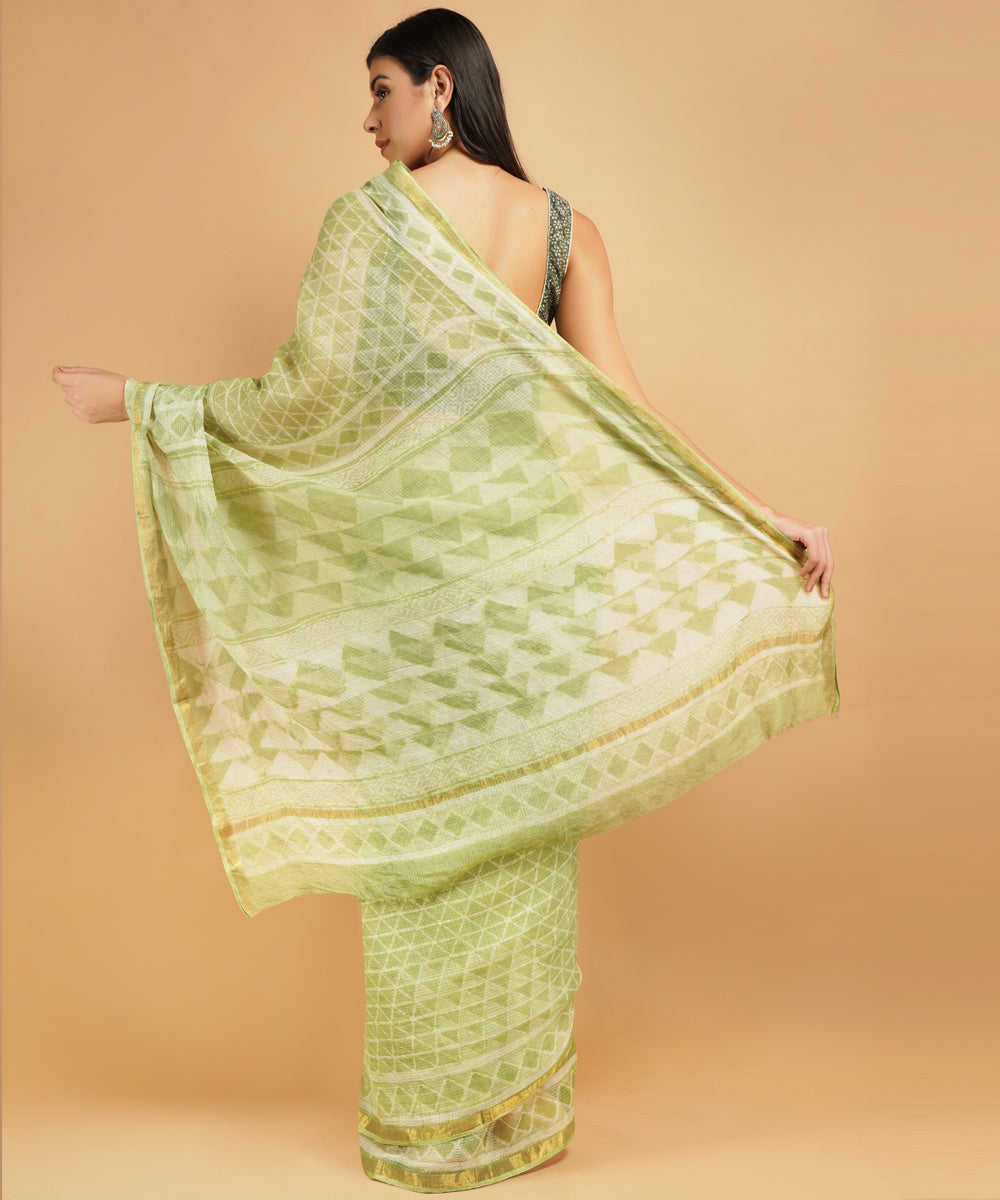 Lime green silk handblock dabu print sari