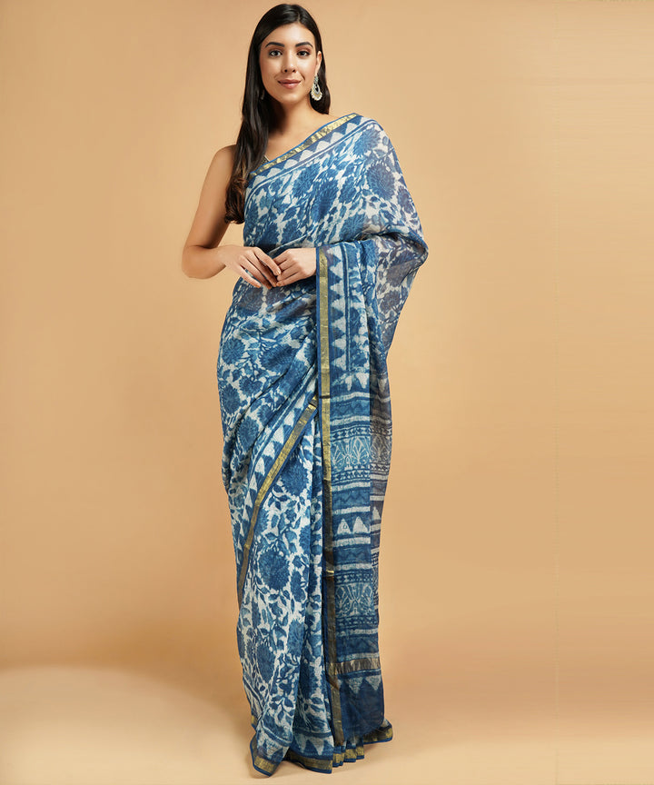 Indigo silk handblock dabu print sari