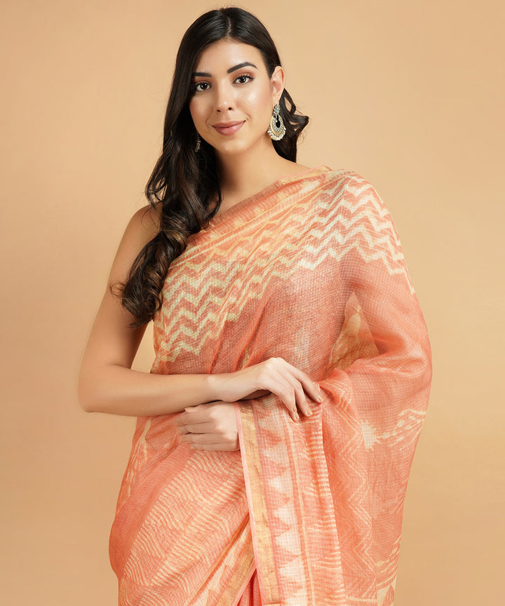 Peach silk handblock dabu print sari