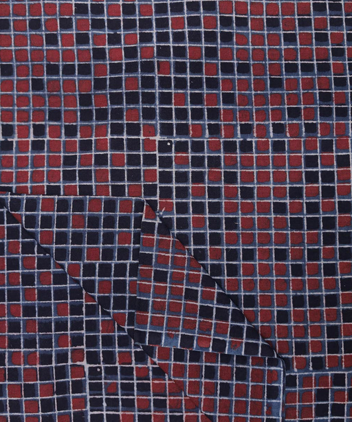 Red black natural dye hand block printed mosaic pattern cotton fabric