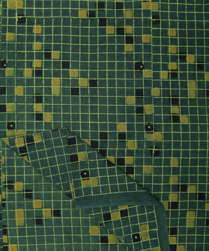 Green yellow natural dye hand block print mosaic pattern cotton fabric