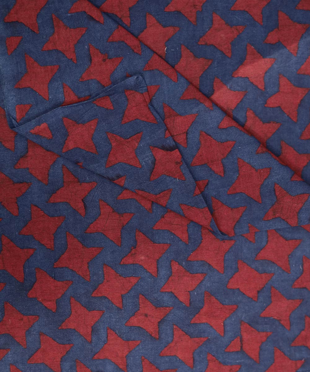 Indigo and red natural dye star pattern handblock print fabric