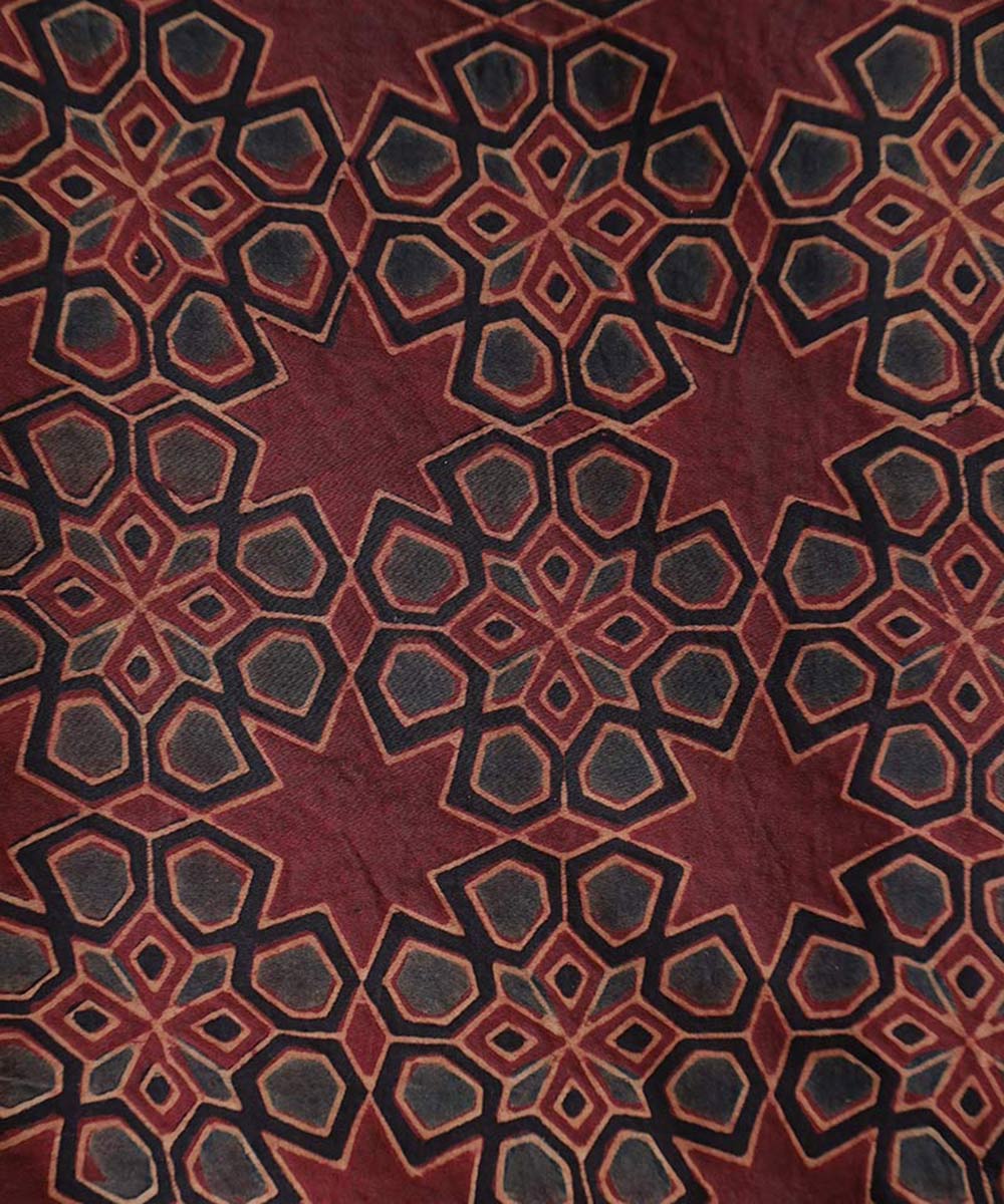 Red hexagon florals hand block printed modal fabric