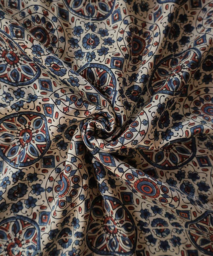 Beige geometric florals hand block printed modal fabric