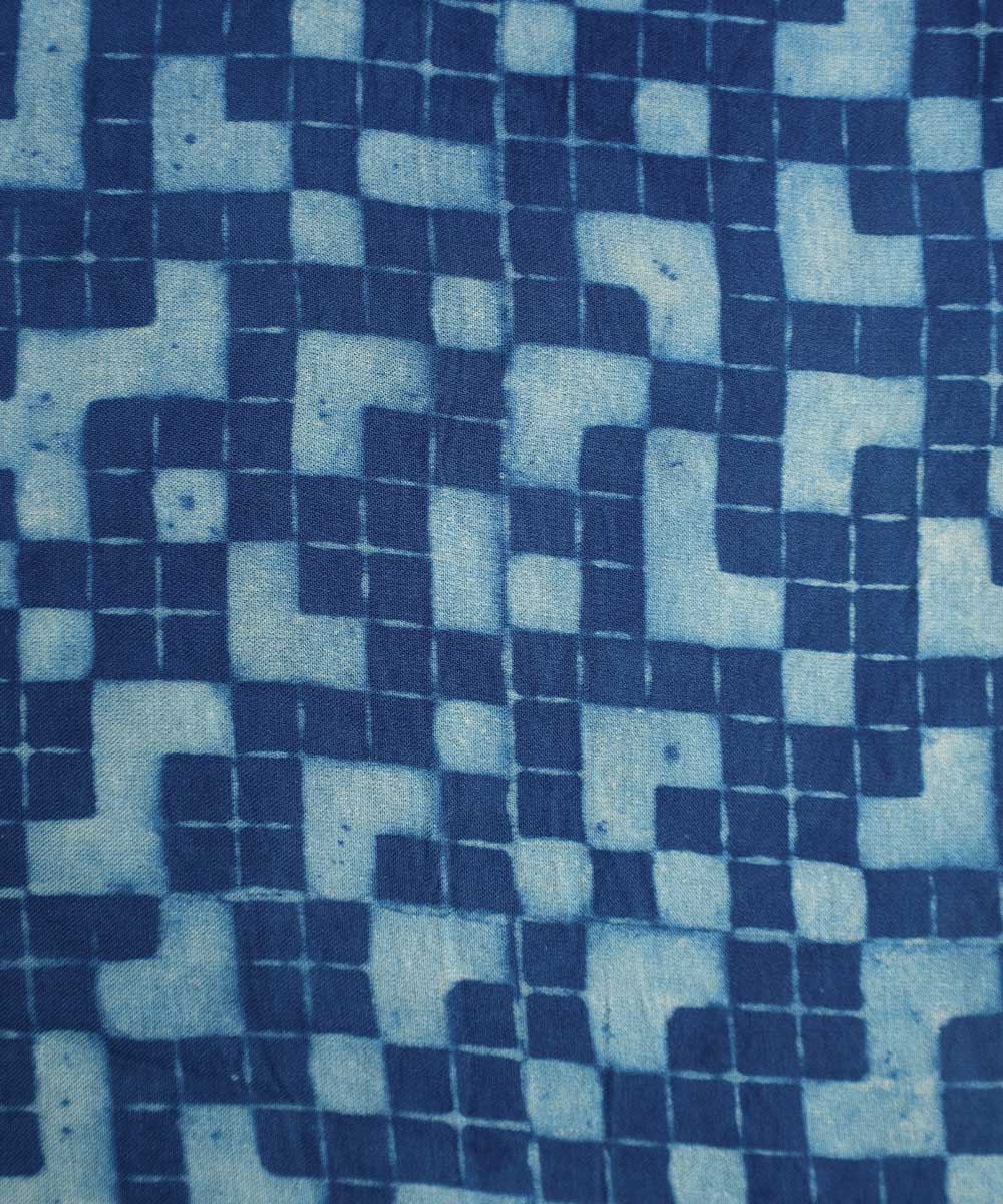 Indigo lines tetris block printed modal fabric