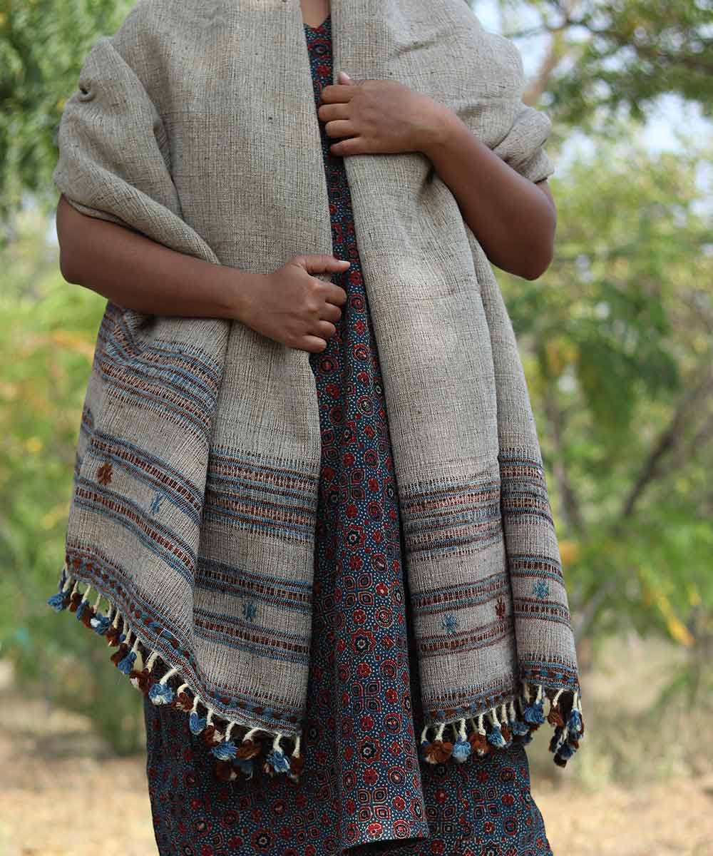 Off white brown handspun handwoven woolen shawl