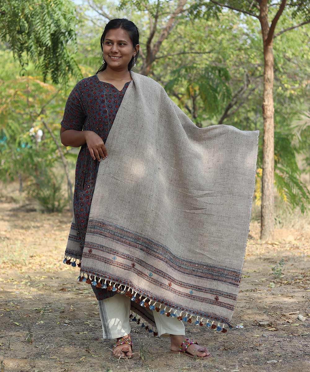 Off white brown handspun handwoven woolen shawl
