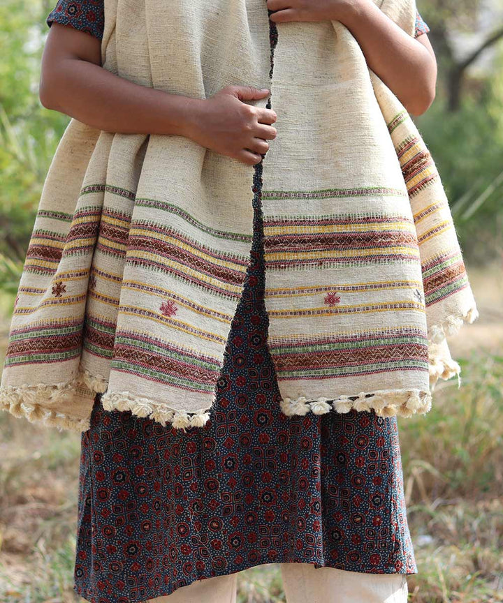 Natural white handspun hand woven woolen shawl
