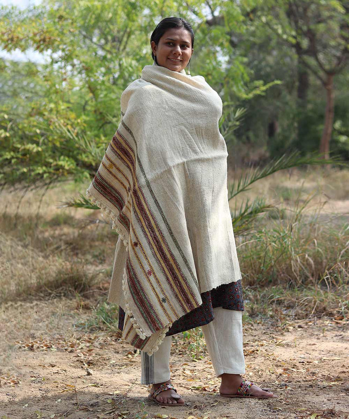 Natural white handspun hand woven woolen shawl