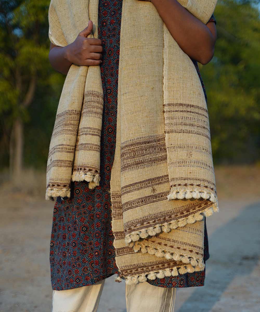 Off white handspun handwoven woolen shawl
