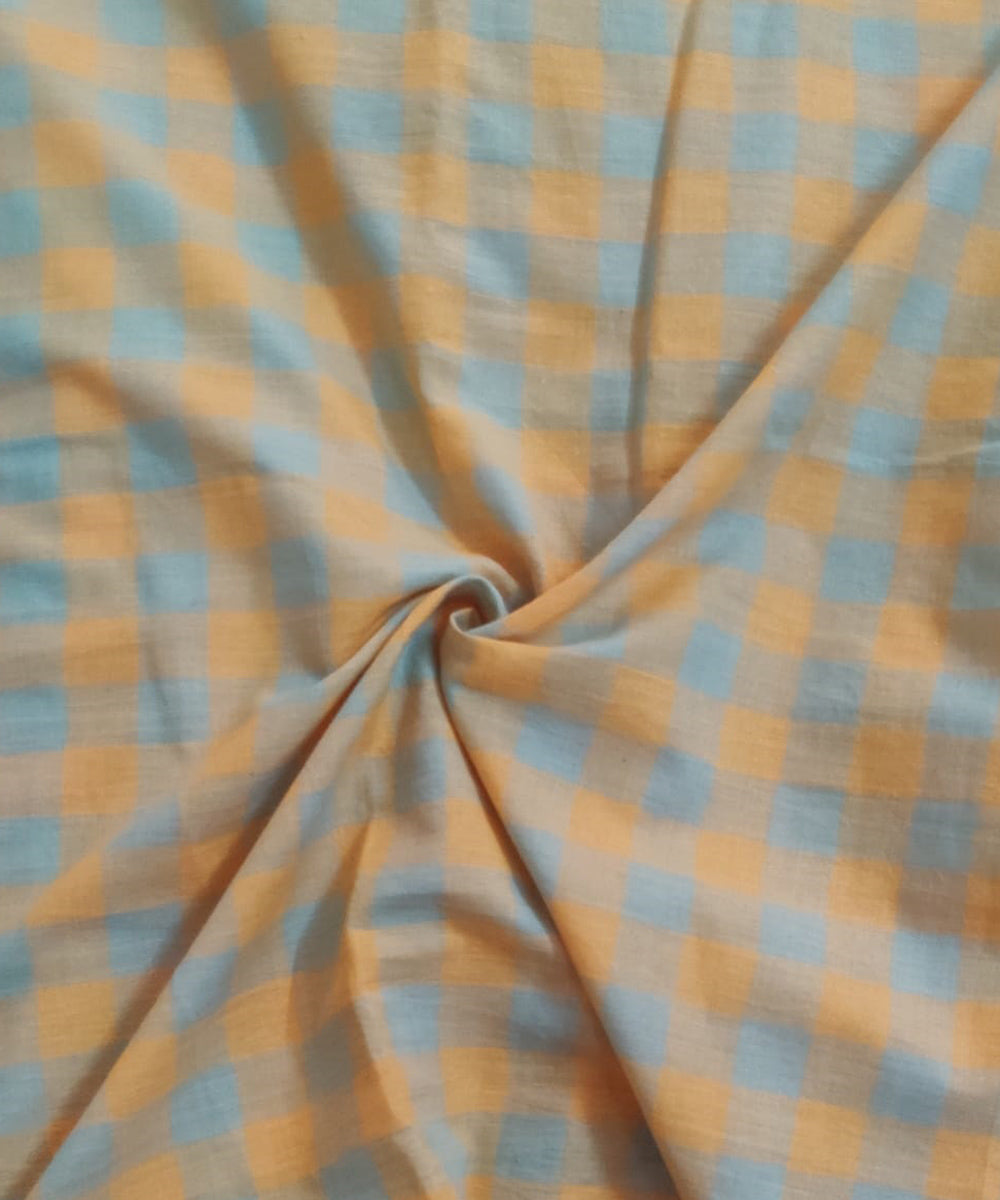 Grey orange check handspun handwoven cotton fabric