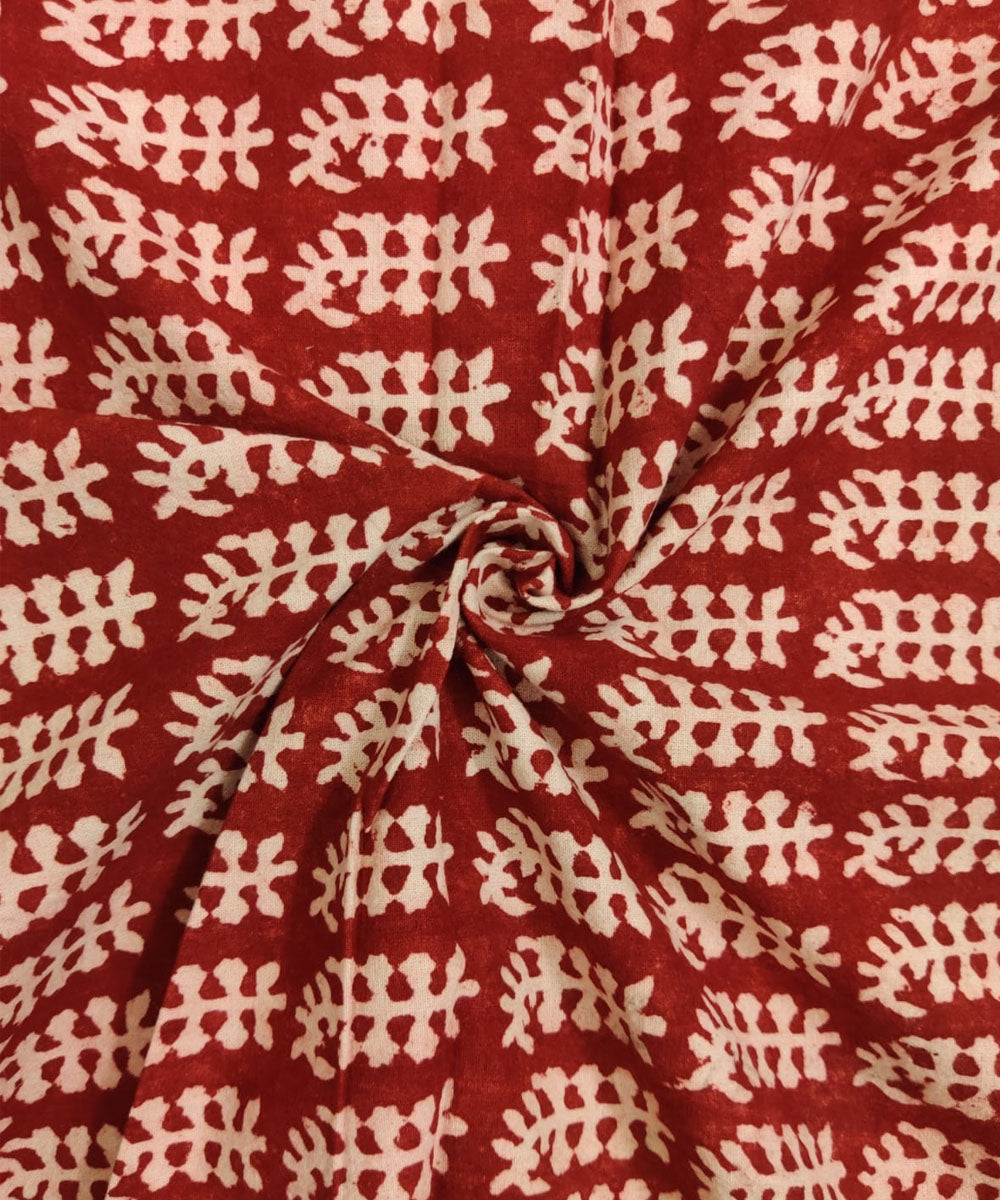 Dark red white hand block printed cotton fabric