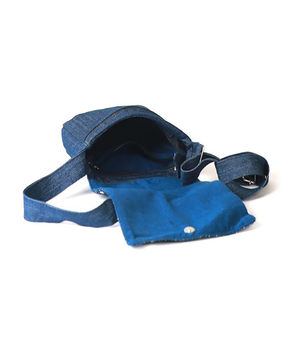 Cyan blue green hand printed cotton sling bag
