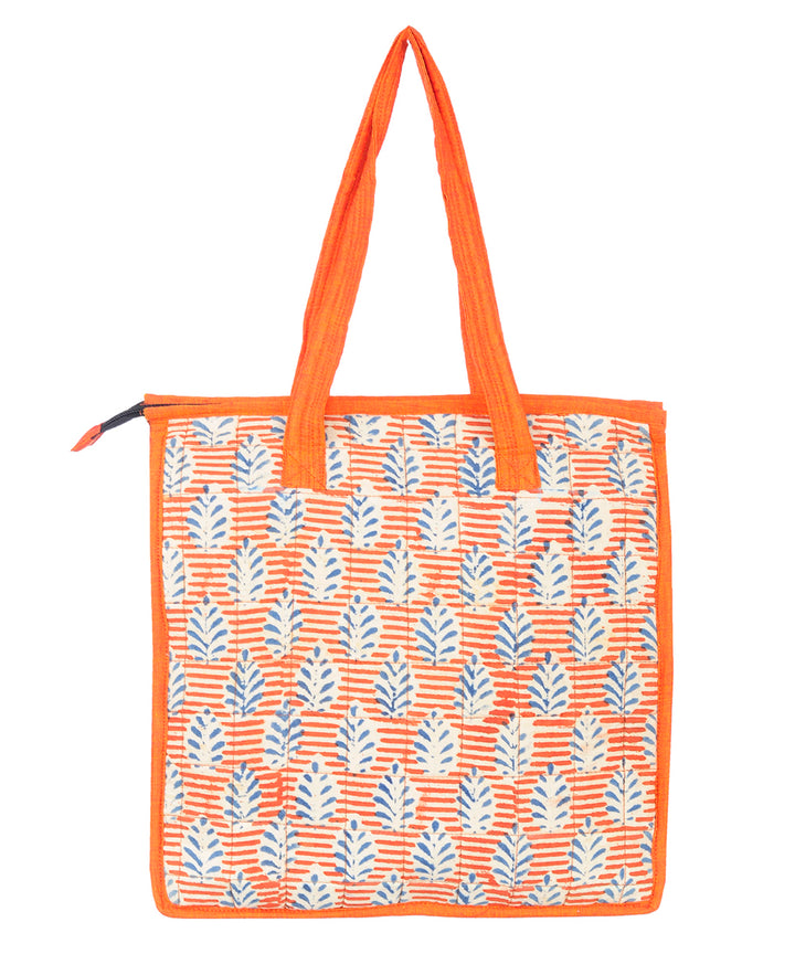 Orange blue hand printed cotton tote bag