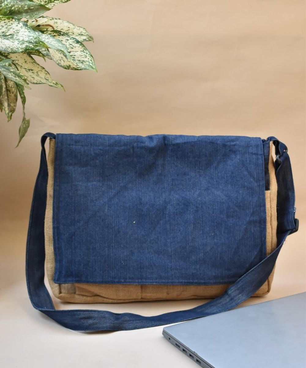 Blue handcrafted cotton jute laptop bag