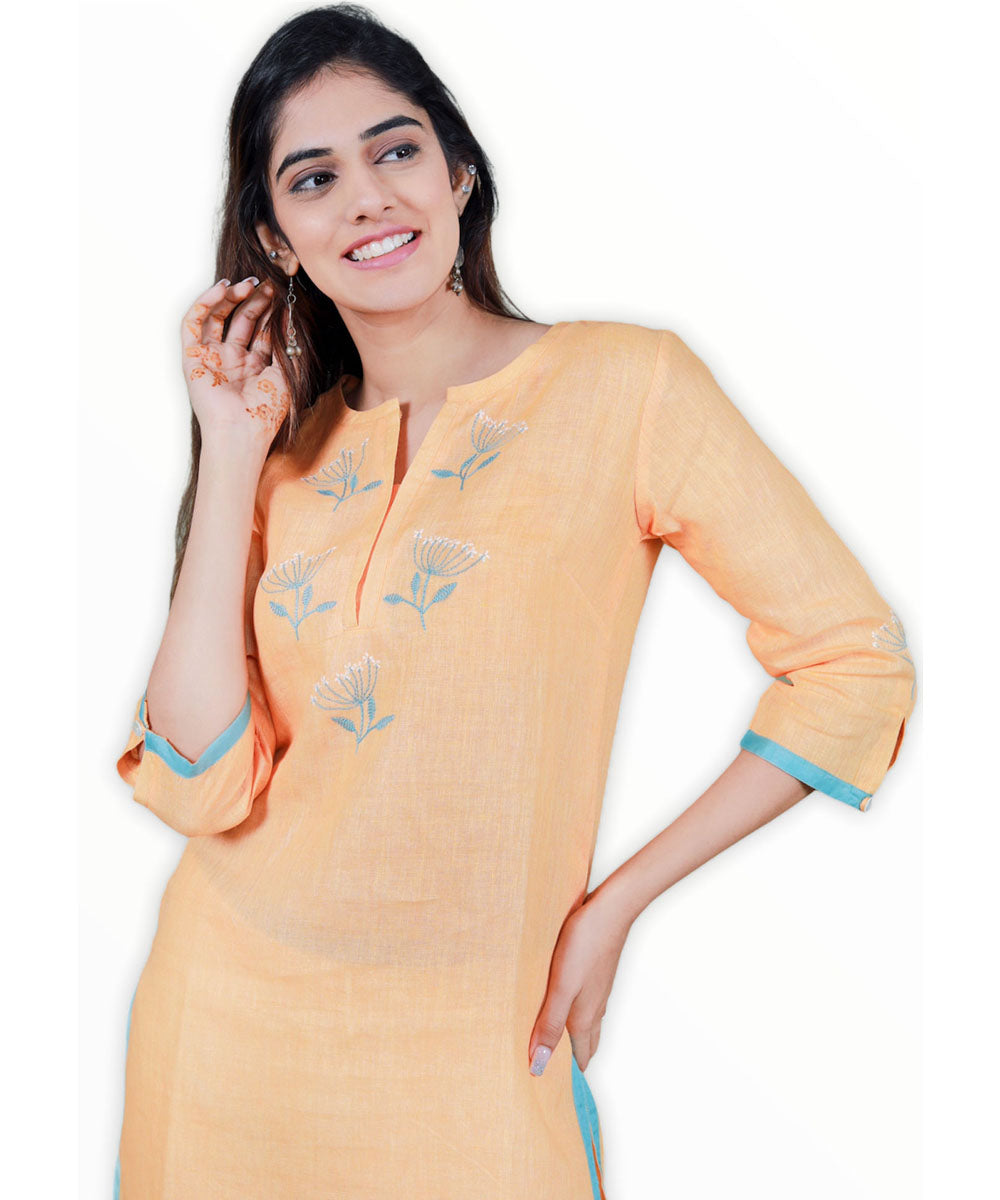Light yellow hand embroidery linen kurti