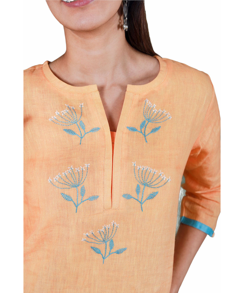 Light yellow hand embroidery linen kurti