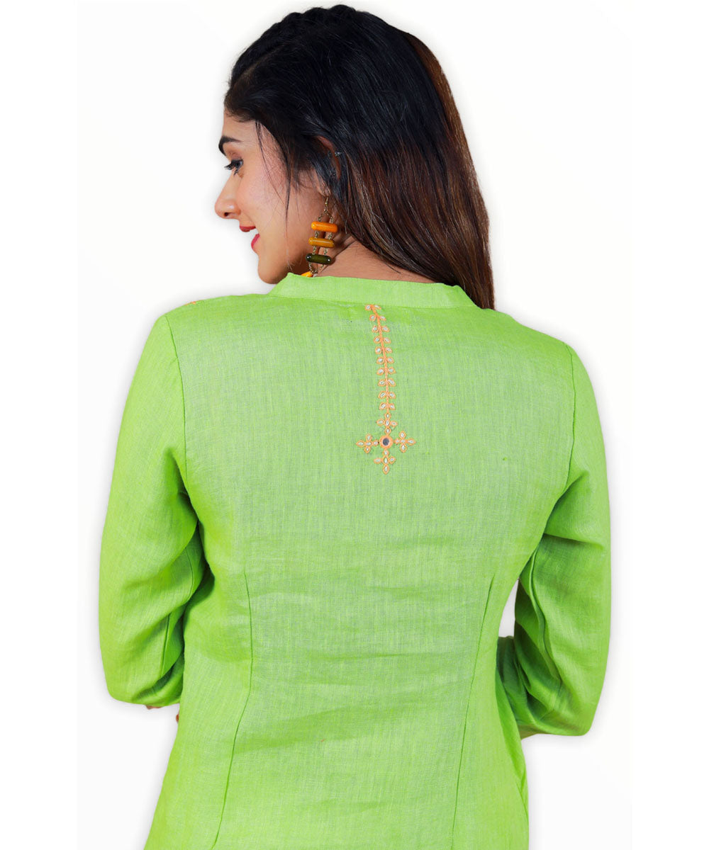Light green hand embroidery linen kurti