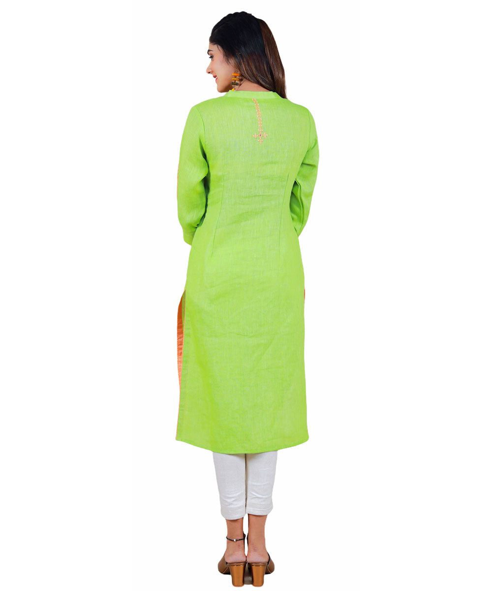 Light green hand embroidery linen kurti