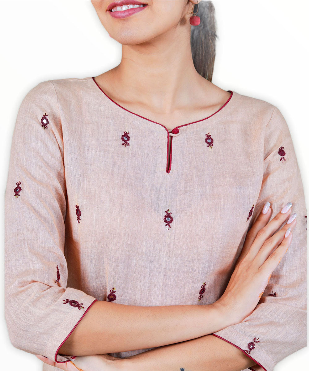 Rose pink hand embroidery linen kurti