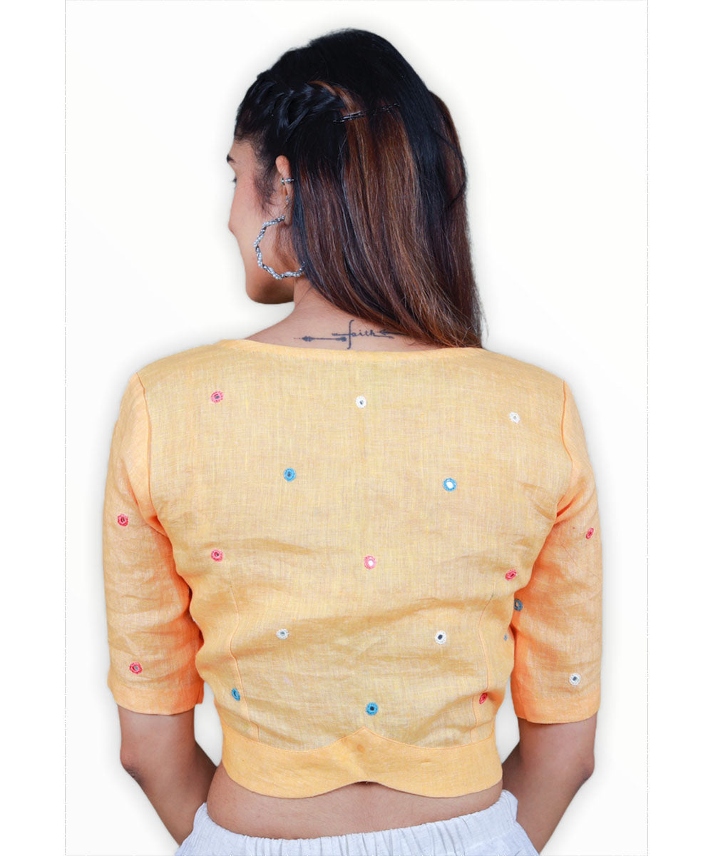 Peach hand crafted mirror work linen blouse