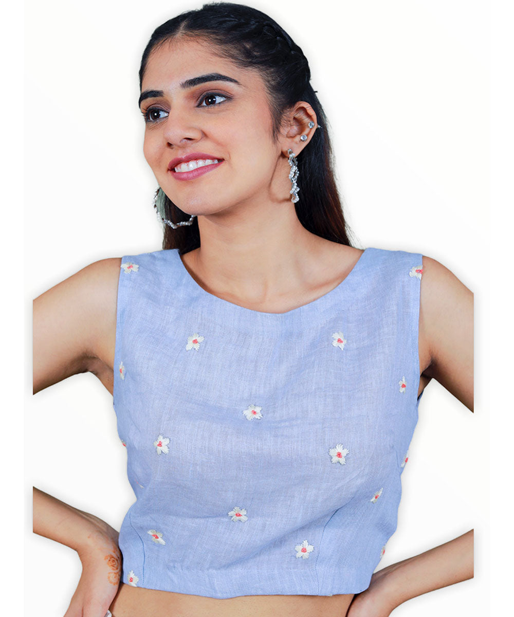 Light blue hand embroidery linen blouse