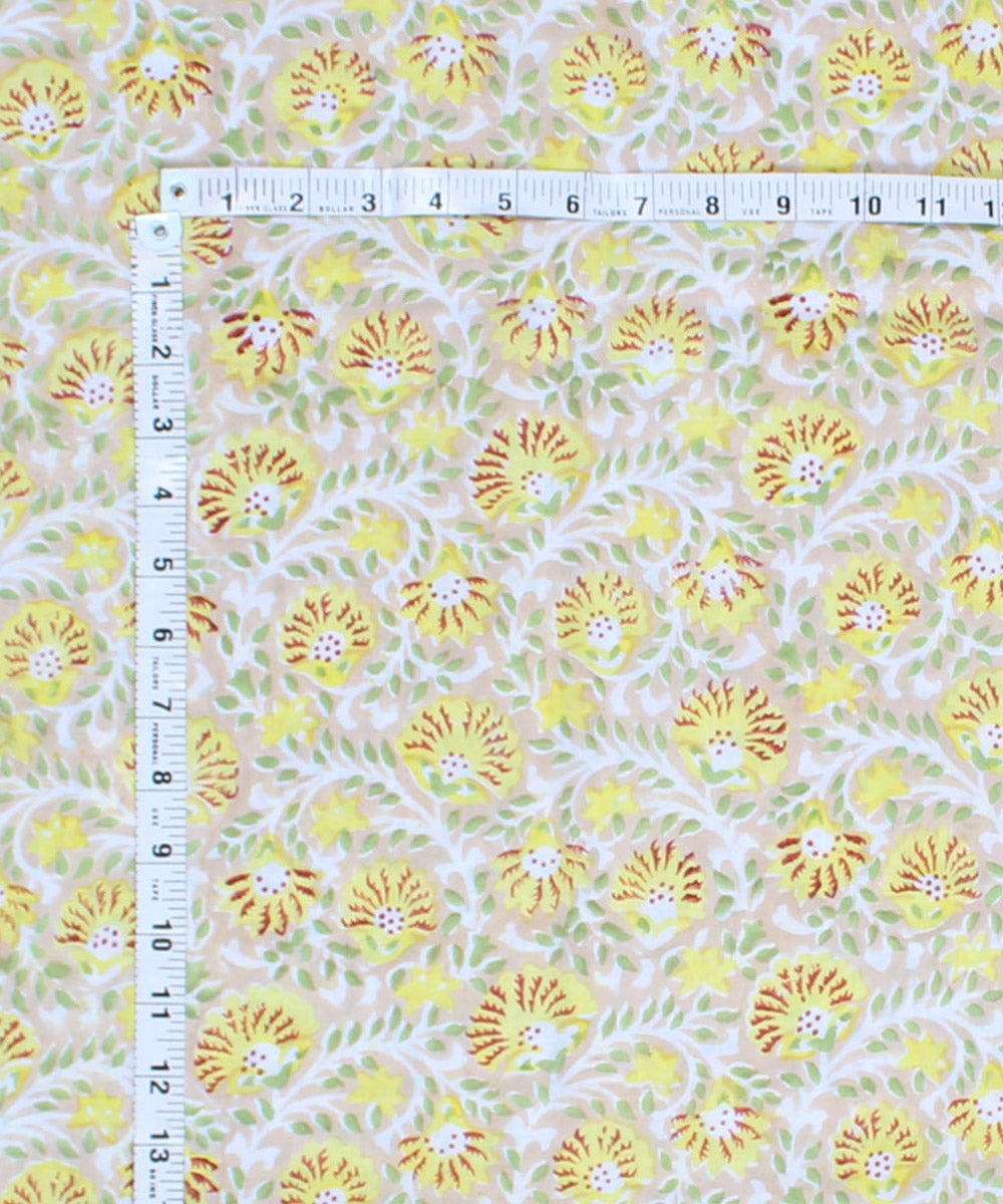 2.5m Beige yellow handblock print cotton kurta cut piece