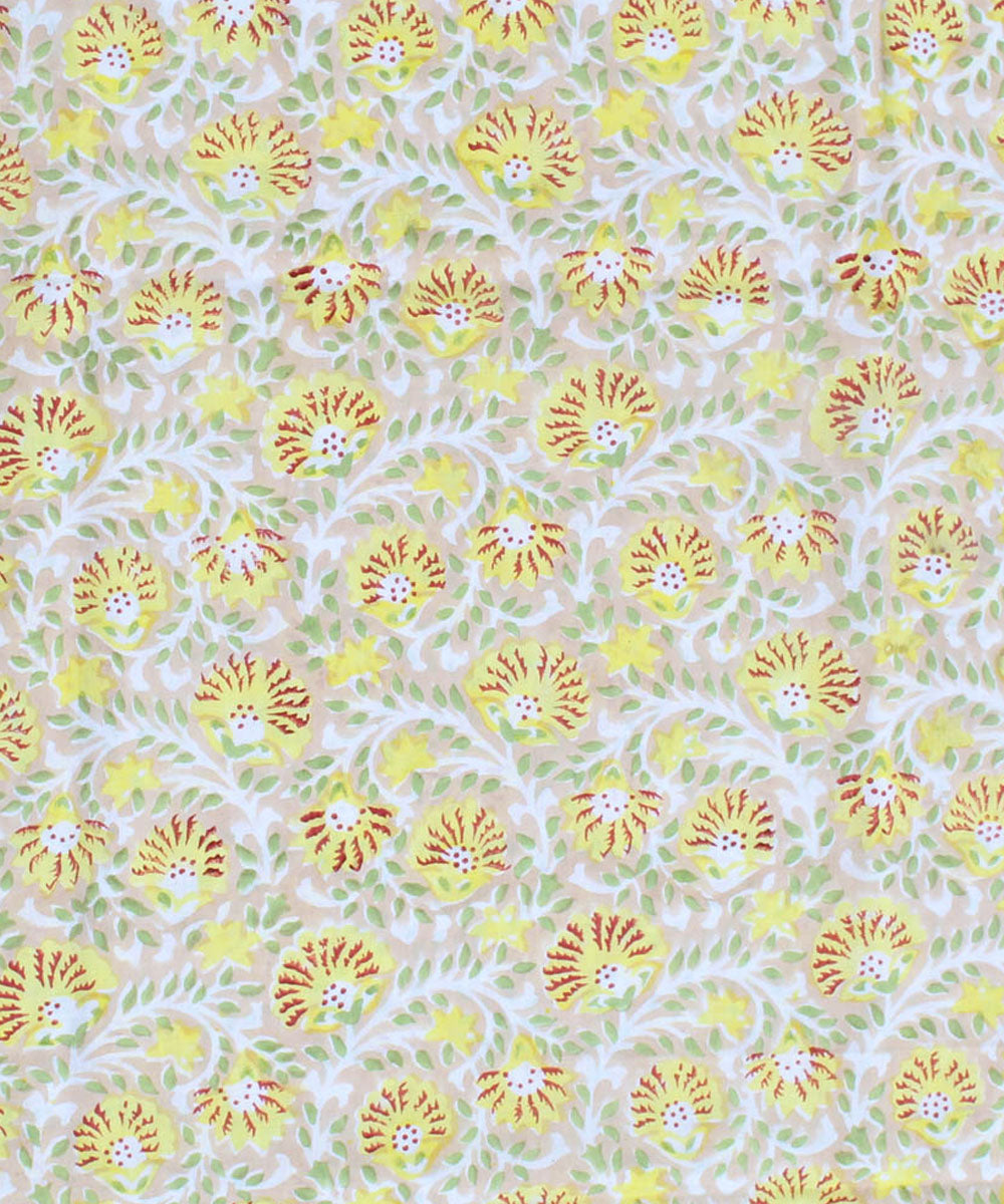 2.5m Beige yellow handblock print cotton kurta cut piece