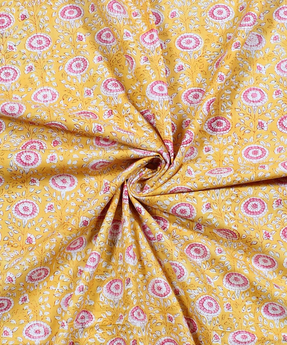 2.5m Yellow pink hand block print cotton kurta cut piece