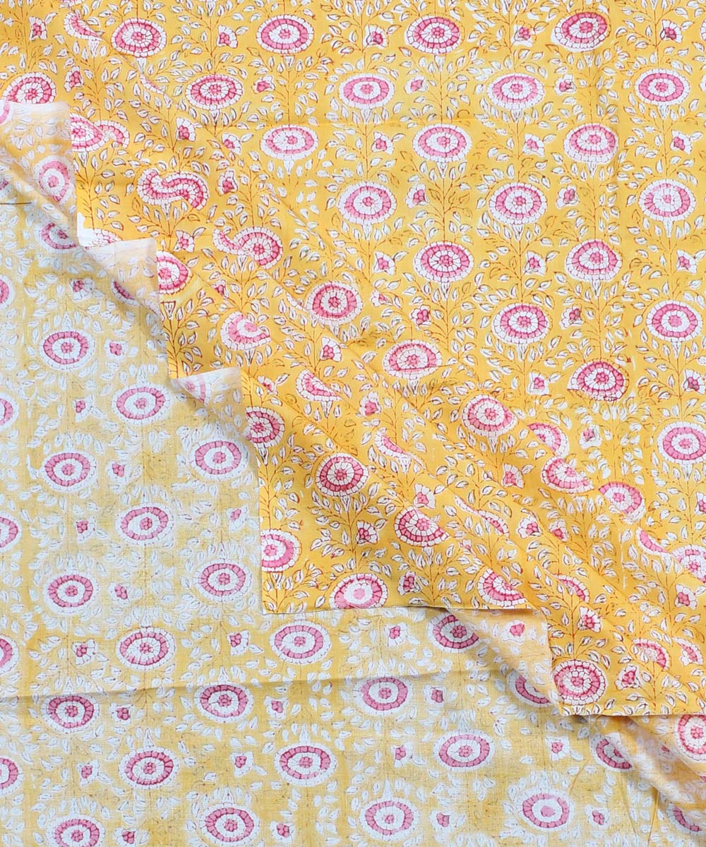 2.5m Yellow pink hand block print cotton kurta cut piece