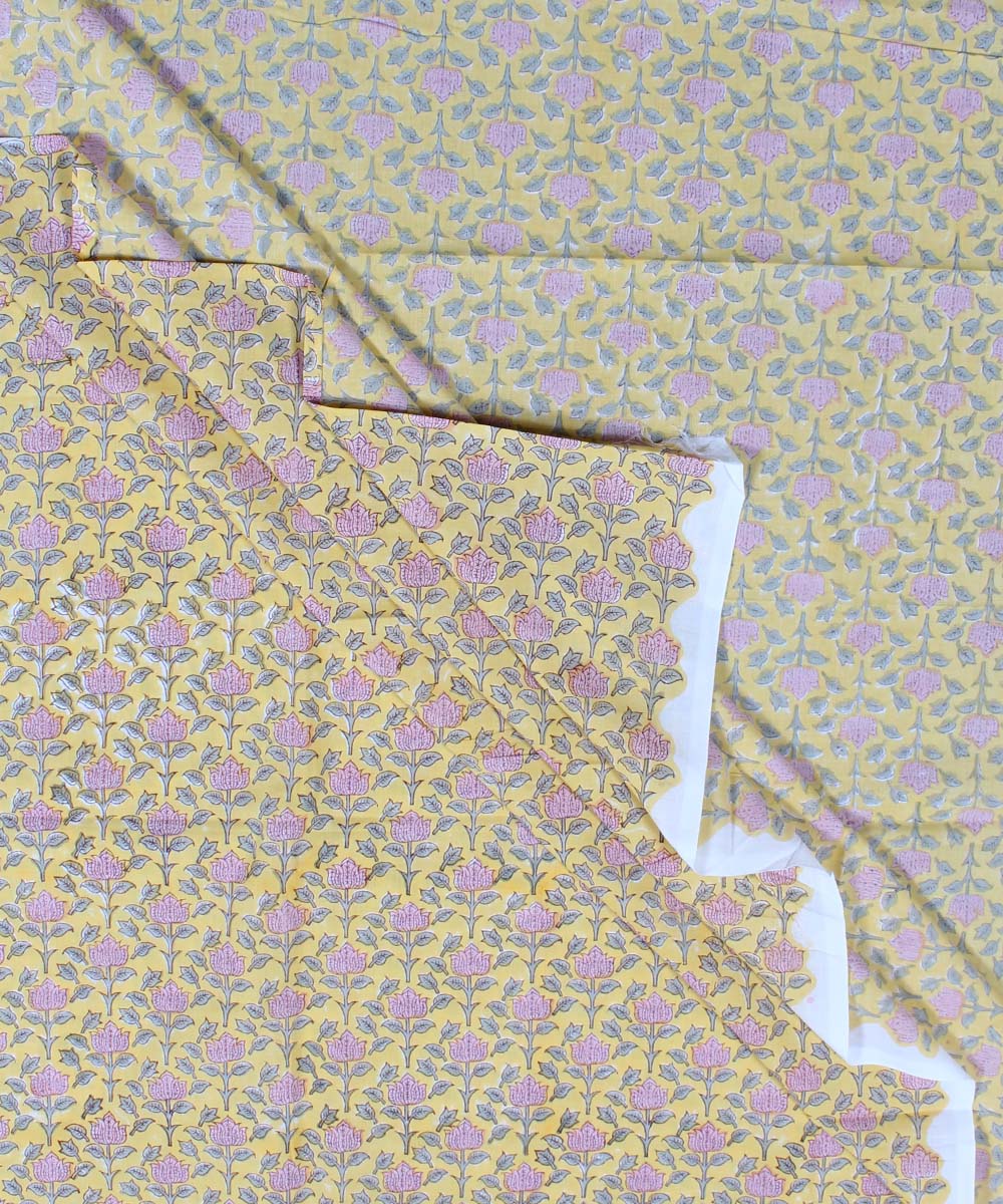 2.5m Yellow pink handblock print cotton kurta cut piece