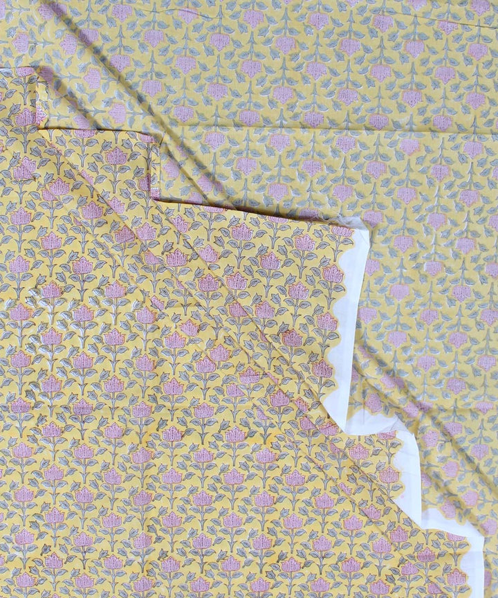 2.5m Yellow pink handblock print cotton kurta cut piece