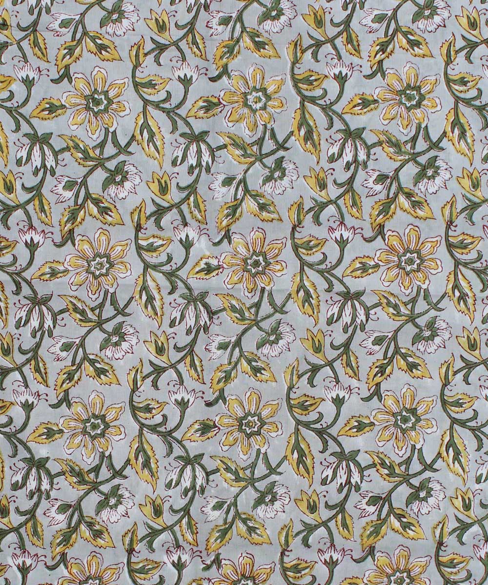 2.5m Grey yellow green handblock print cotton kurta material