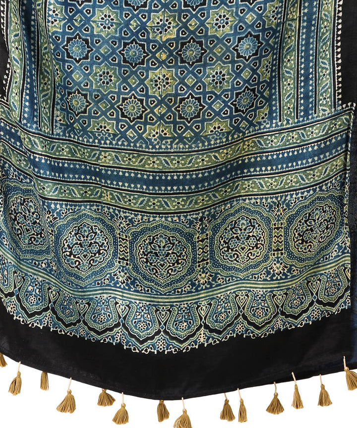 Blue black ajrakh handblock printed natural dyed mashru silk stole