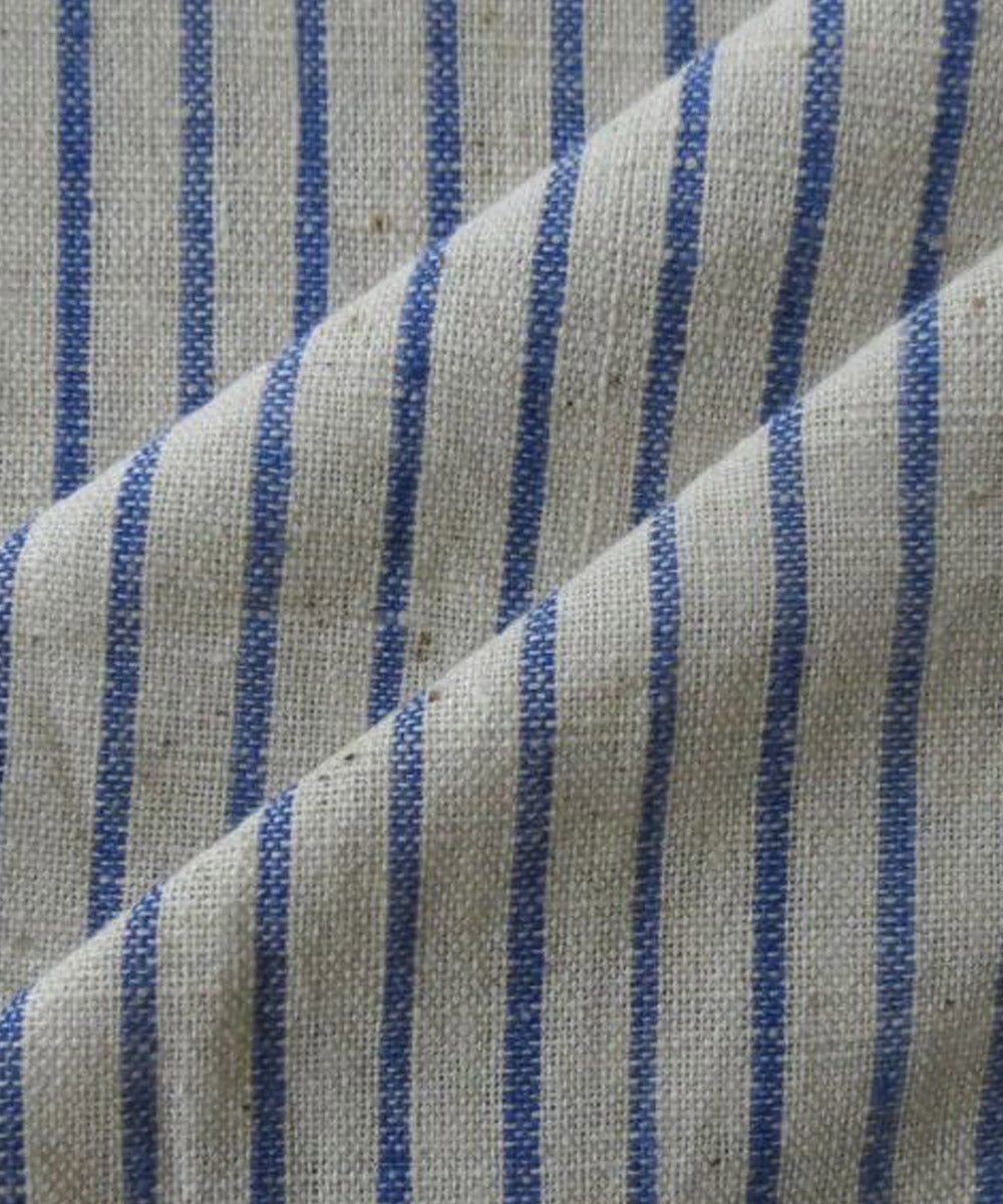 Sky blue and cream stripes cotton handspun handwoven fabric