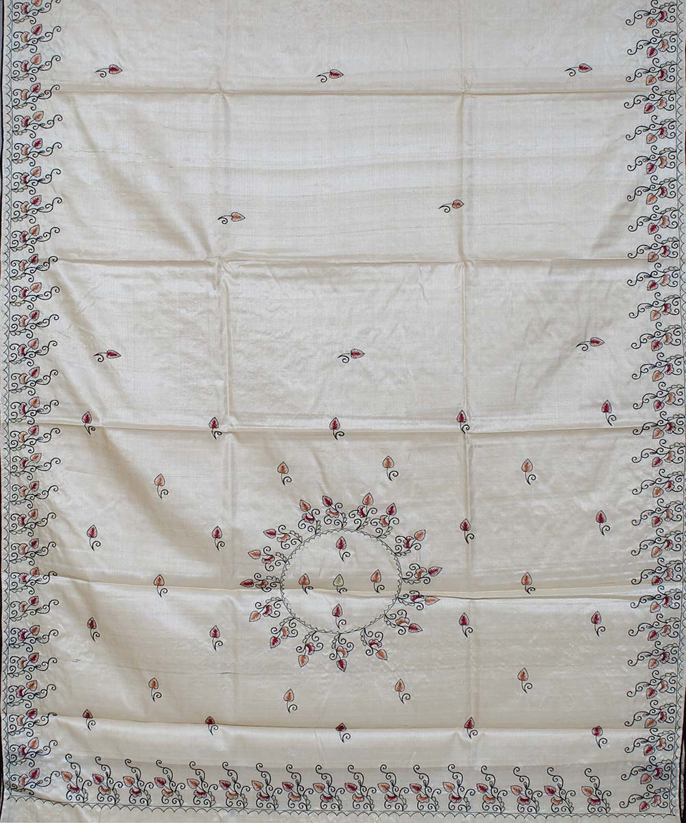 Beige kosa tussar silk hand embroidery saree