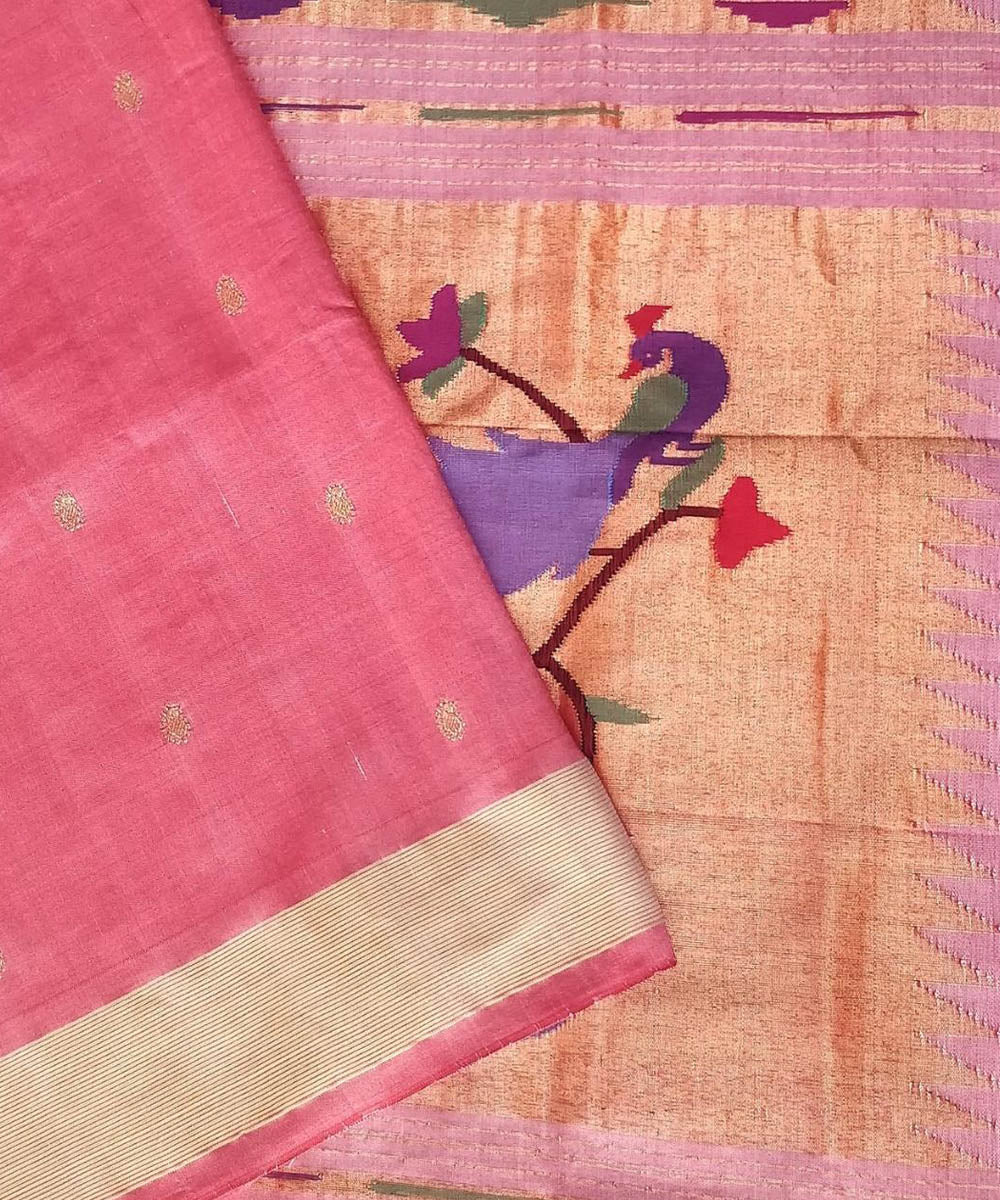 Pink handwoven cotton paithani saree