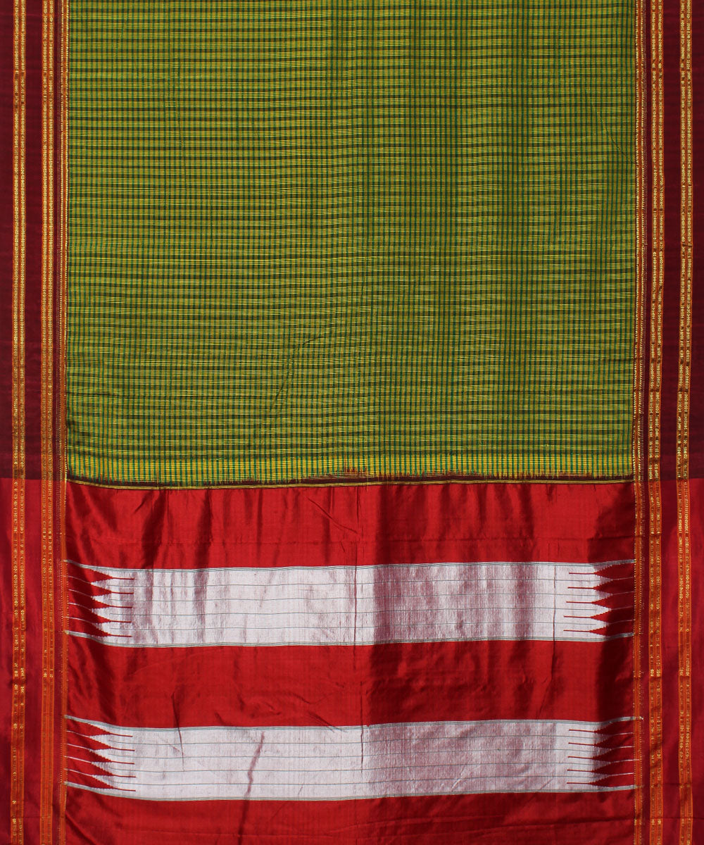Lime green red handwoven cotton art silk gayatri border ilkal saree