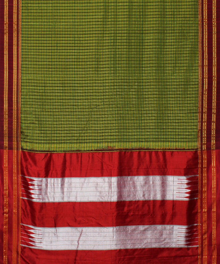 Lime green red handwoven cotton art silk gayatri border ilkal saree