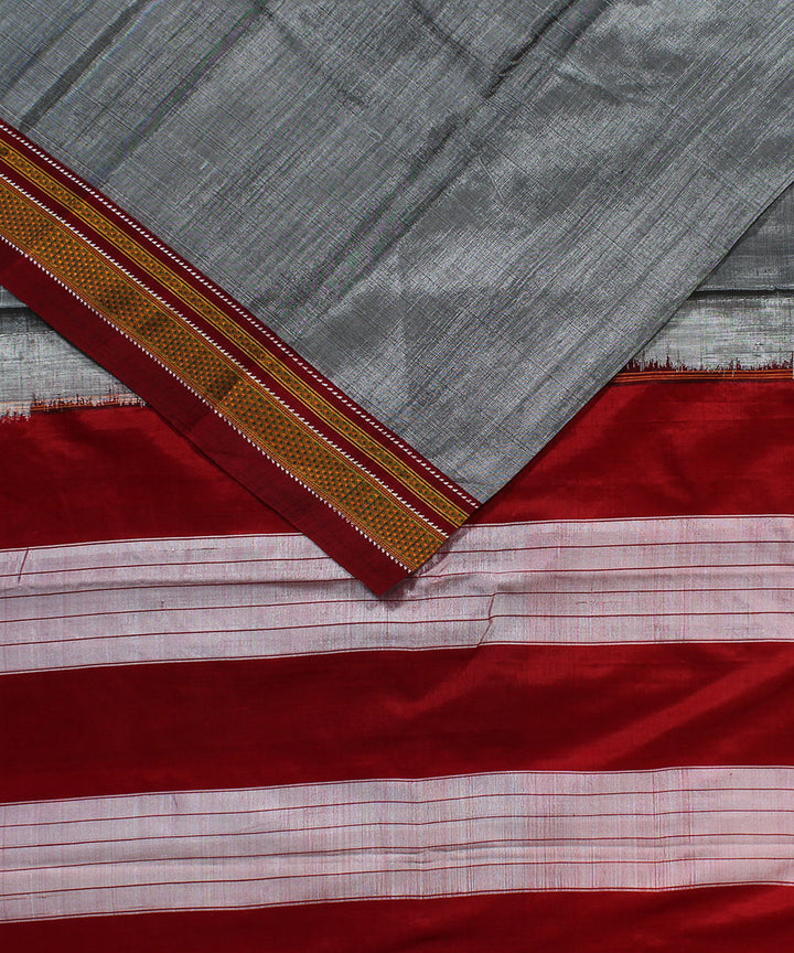 Grey red art silk handwoven chikki paras ilkal saree