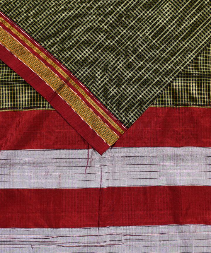 Black green checks art silk cotton handloom chikki paras ilkal saree