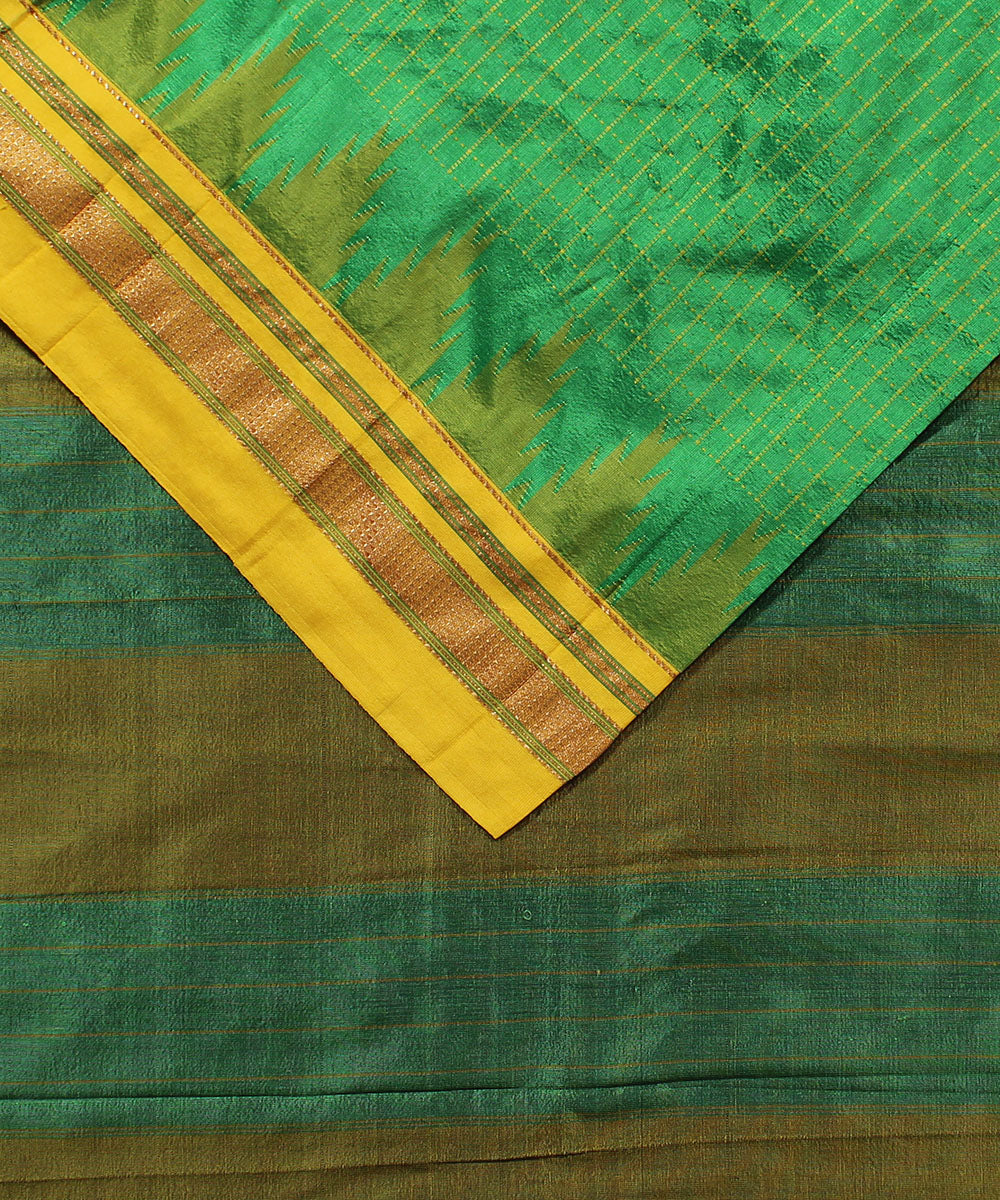 Light parrot green with yellow checks handwoven silk ilkal saree